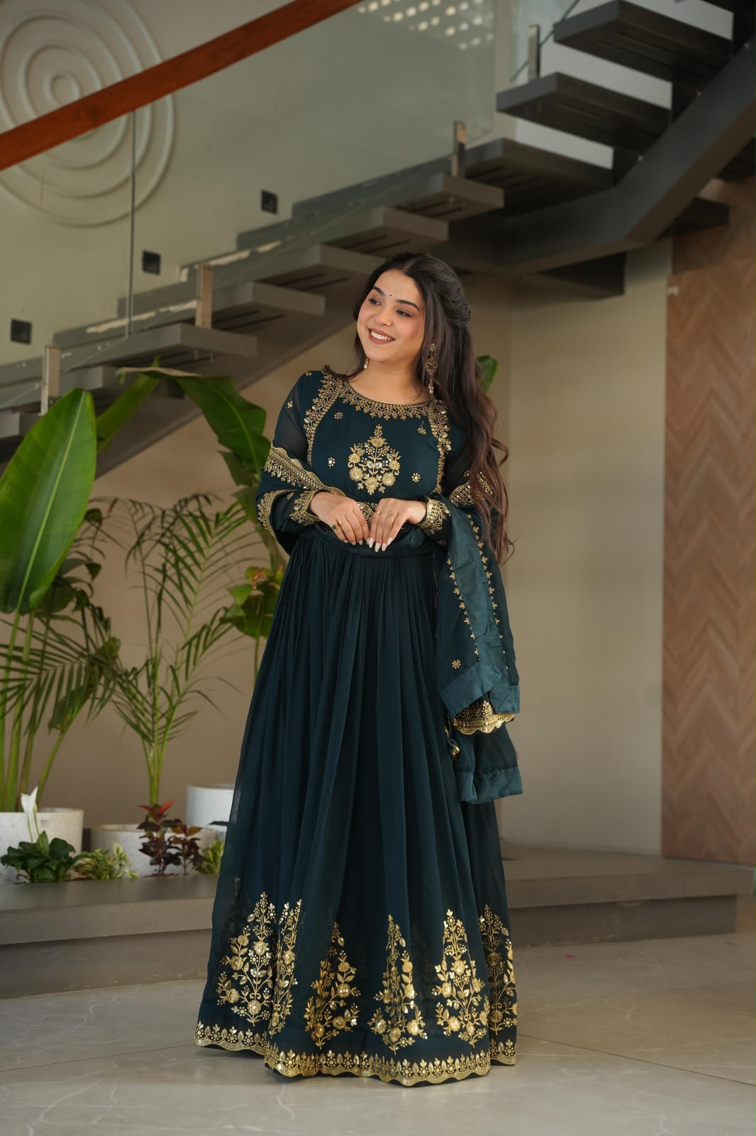 Teal Blooming Georgette Gown - Model Back View with Dupatta