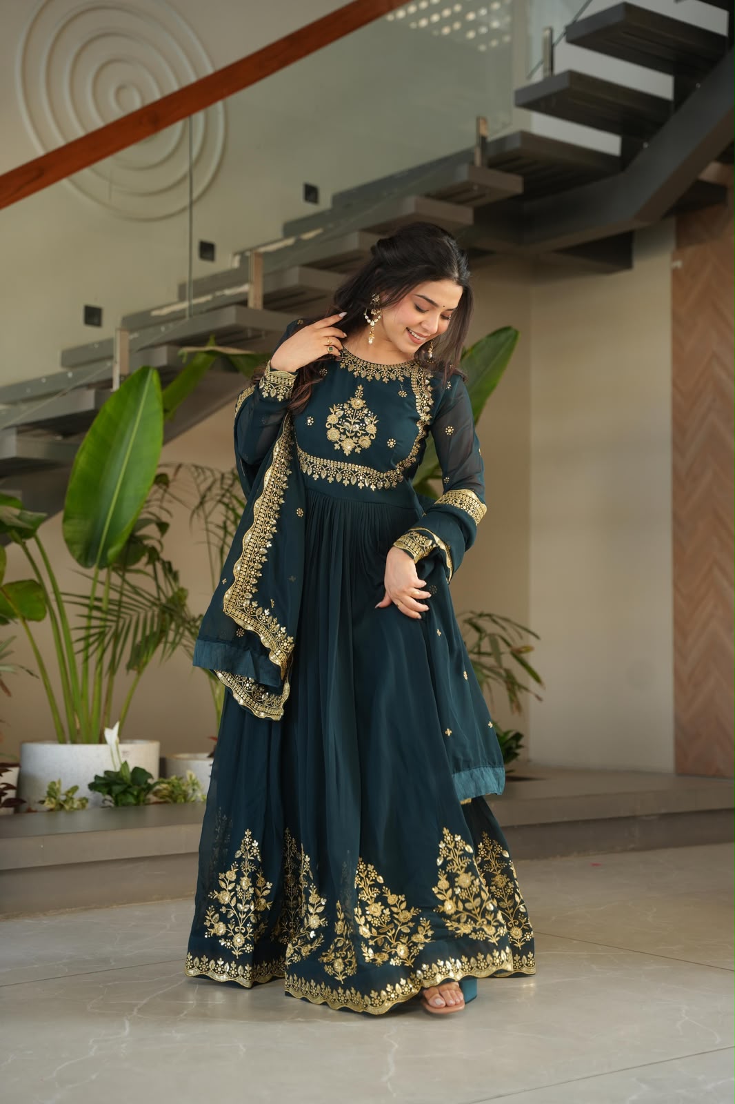 Wine Blooming Georgette Gown - Model Twirling Front View