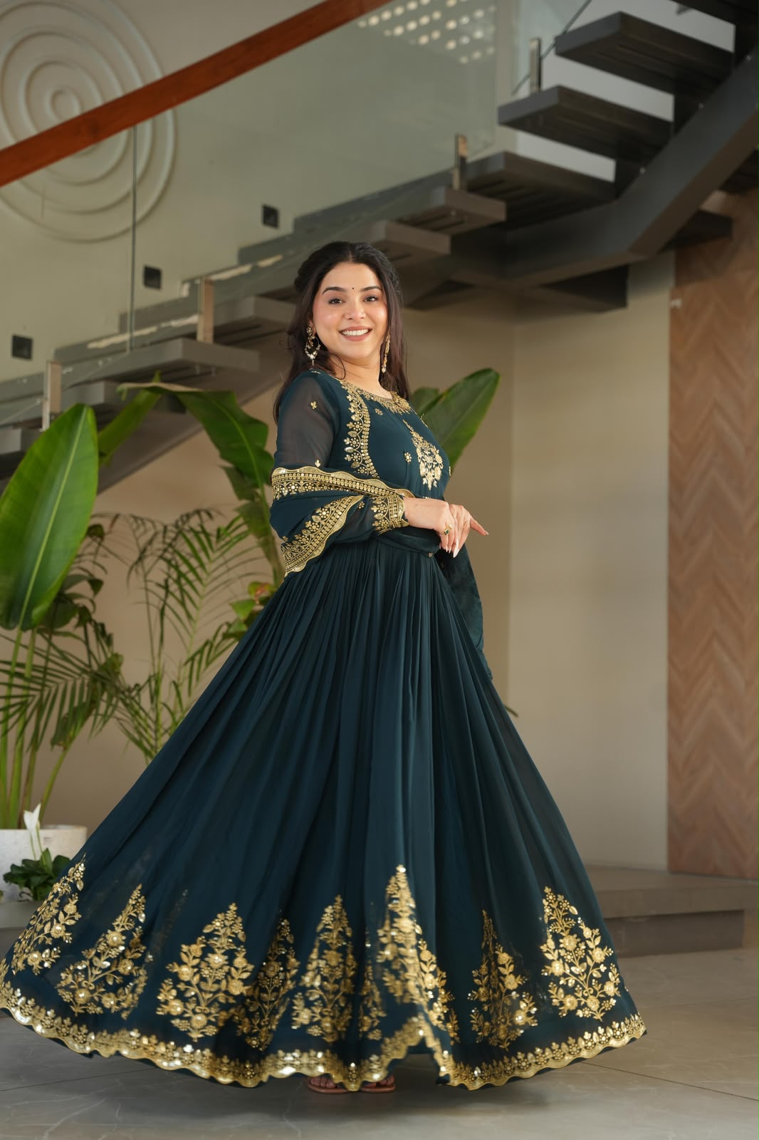 Wine Blooming Georgette Gown - Model Graceful Pose with Dupatta