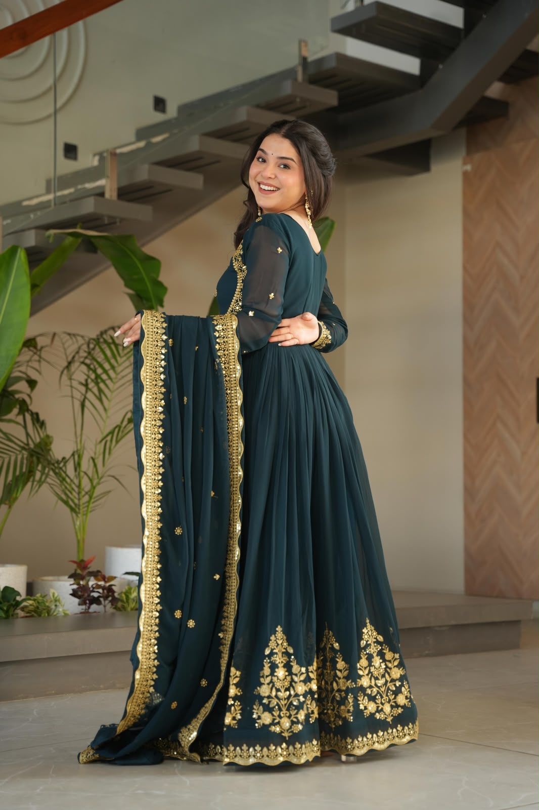 Wine Blooming Georgette Gown - Model Back View