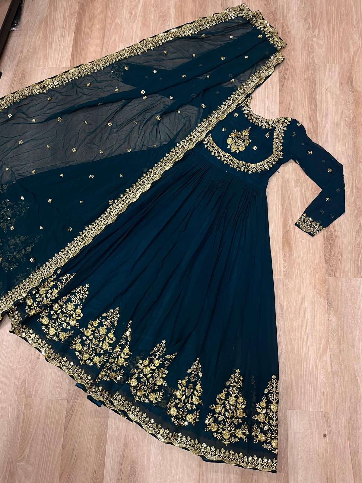 Wine Blooming Georgette Gown - Model Front View Holding Dupatta