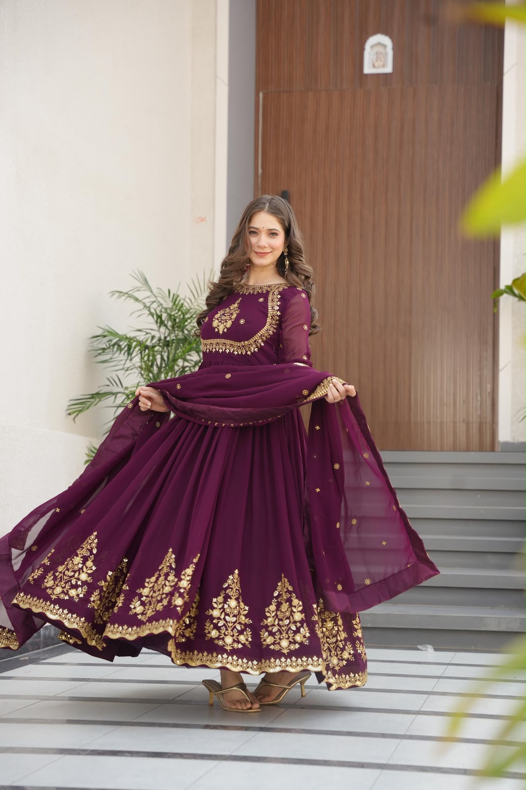Wine Blooming Georgette Gown - Flat Lay with Dupatta on Floor