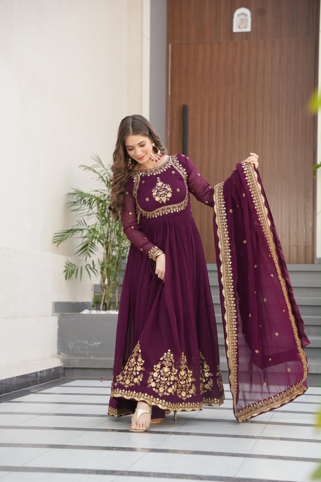 Wine Blooming Georgette Gown - Neck Embroidery Close Up