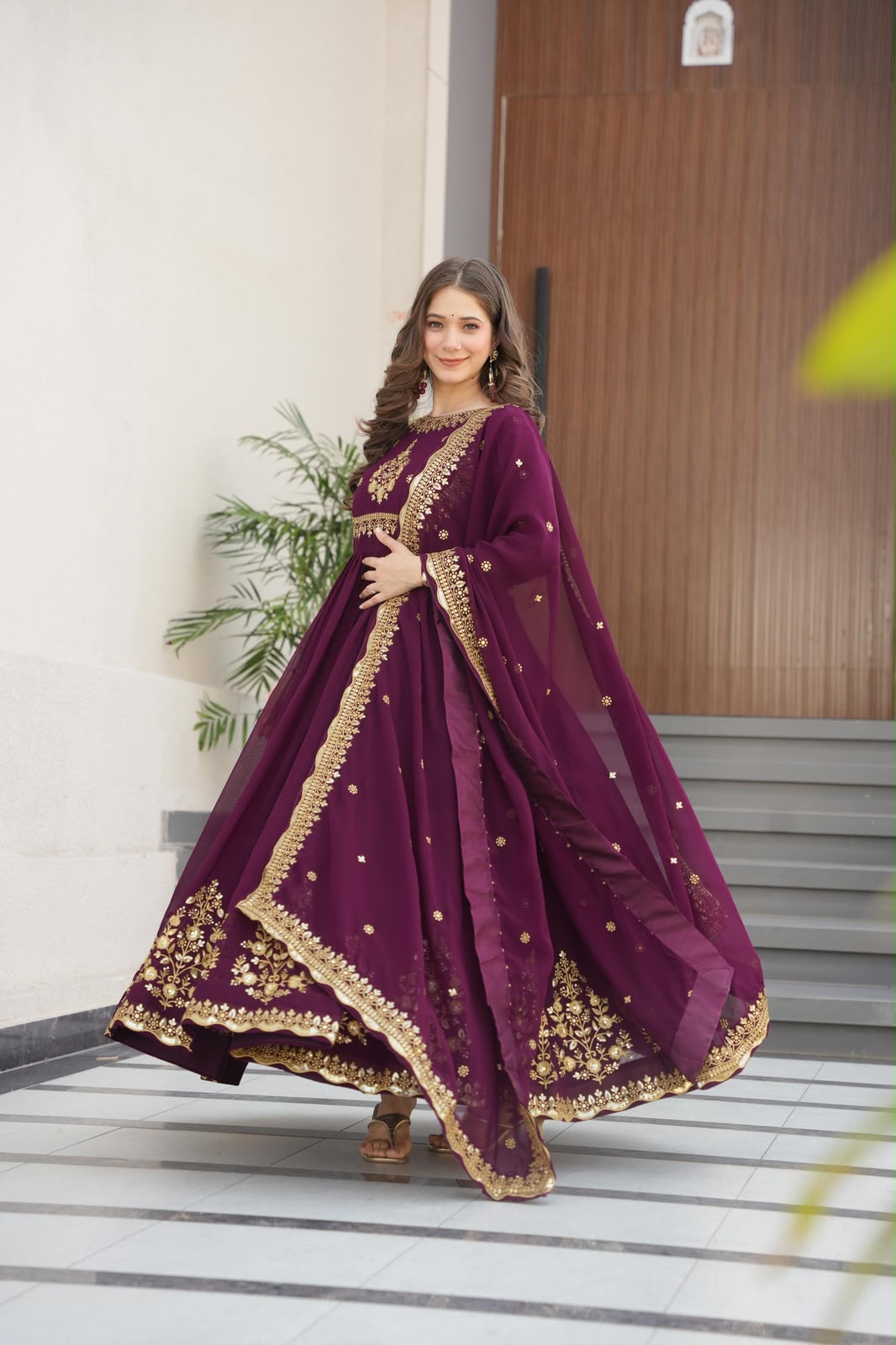 Wine Blooming Georgette Gown - Embroidery Hem Close Up