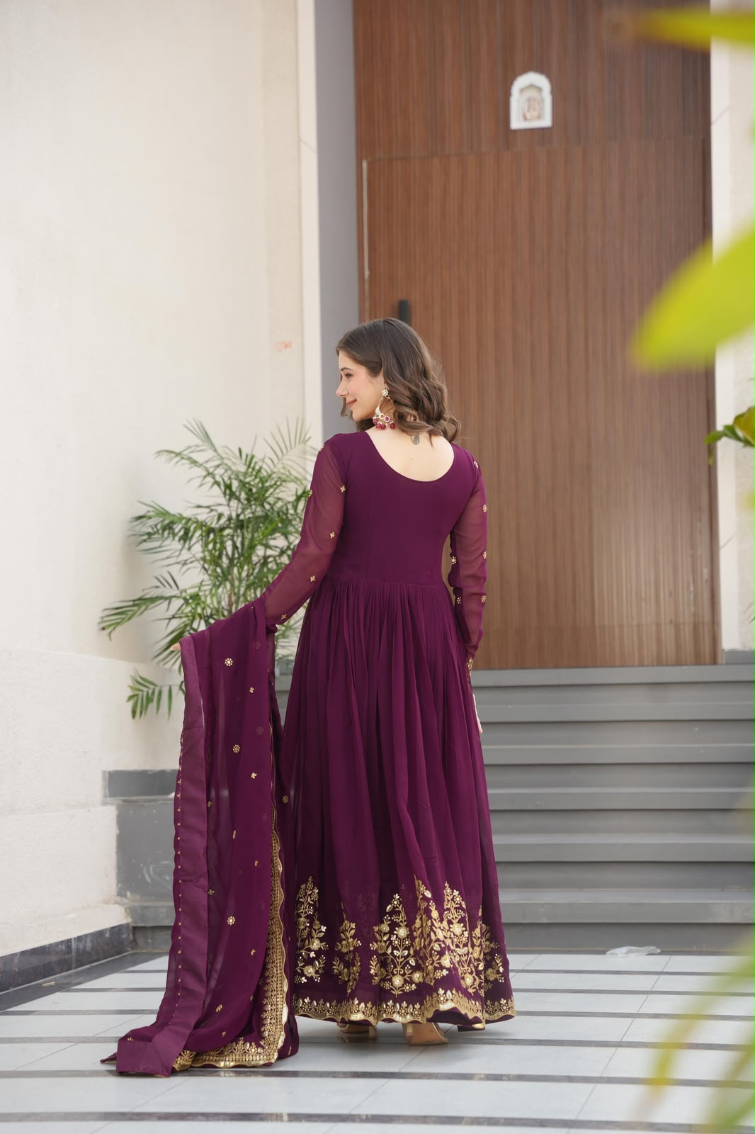Wine Blooming Georgette Gown - Model Side Profile with Dupatta
