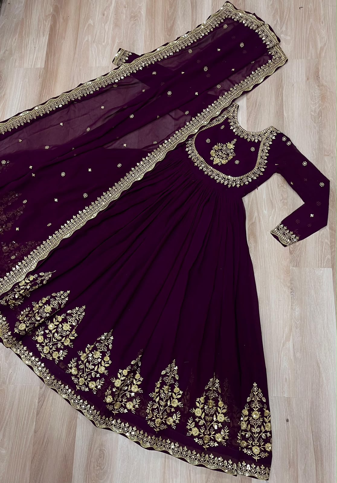 Wine Blooming Georgette Gown - Model Full Length Front View