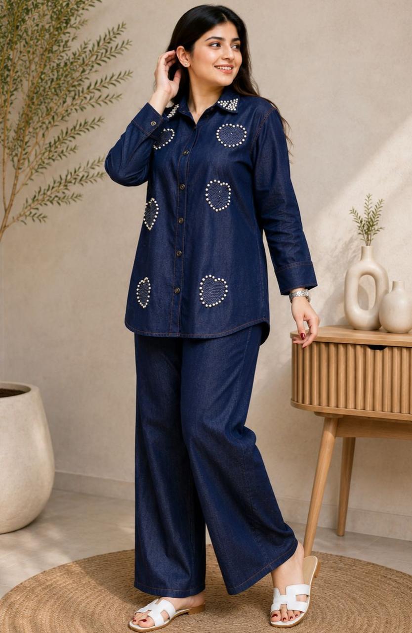 Pearl work denim co-ord set dark blue - model mirror selfie full length front view