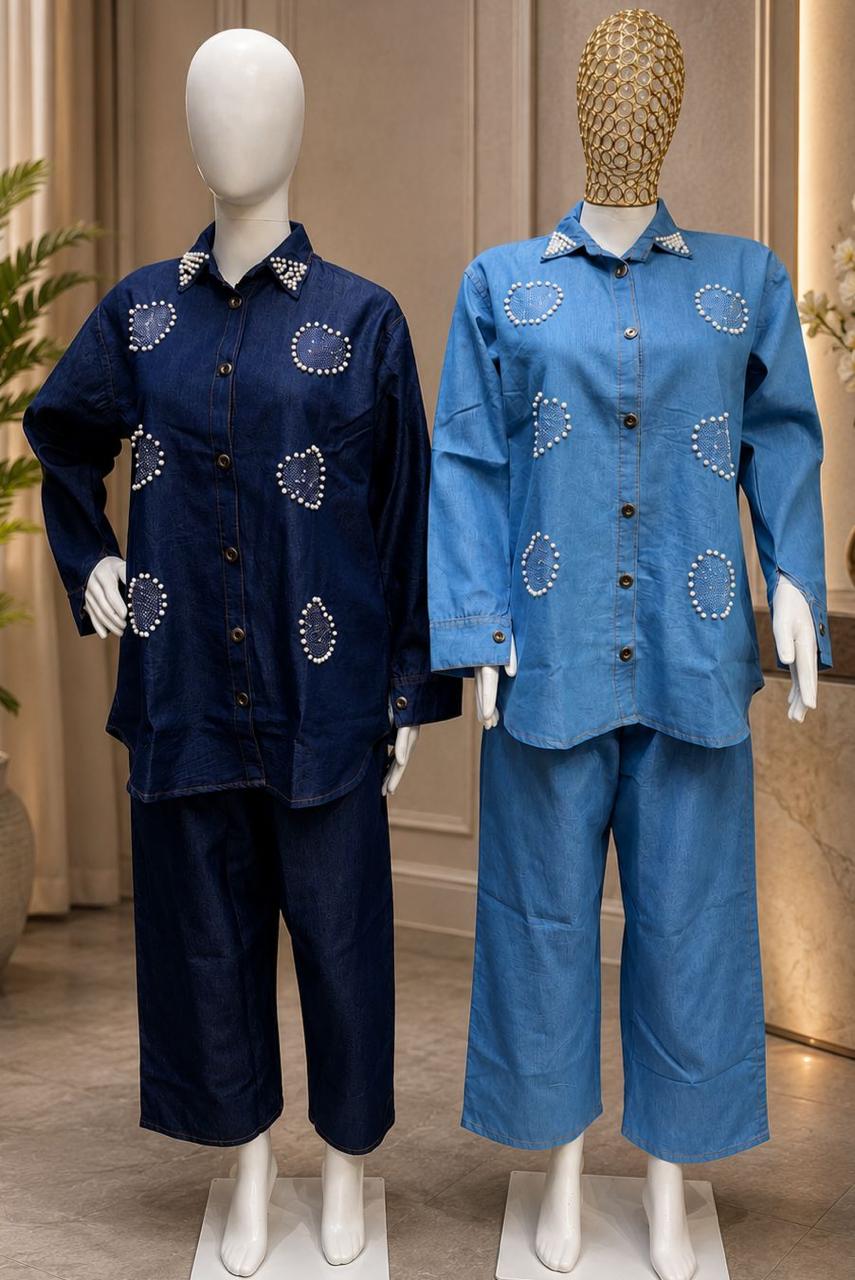 Pearl work denim co-ord set - dark blue and light blue mannequin display side by side