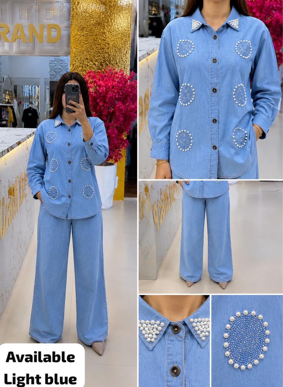 Pearl work denim co-ord set light blue - collage with detail shots of pearl collar and embellishments