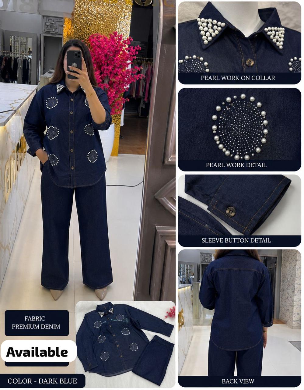 Pearl work denim co-ord set dark blue - collage with pearl collar detail, pearl motif, sleeve button and back view
