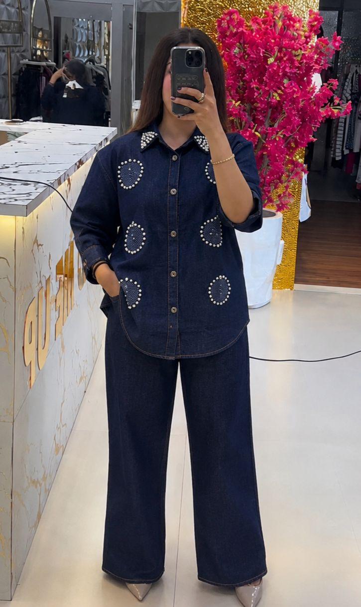 Pearl work denim co-ord set dark blue - model mirror selfie full length store view