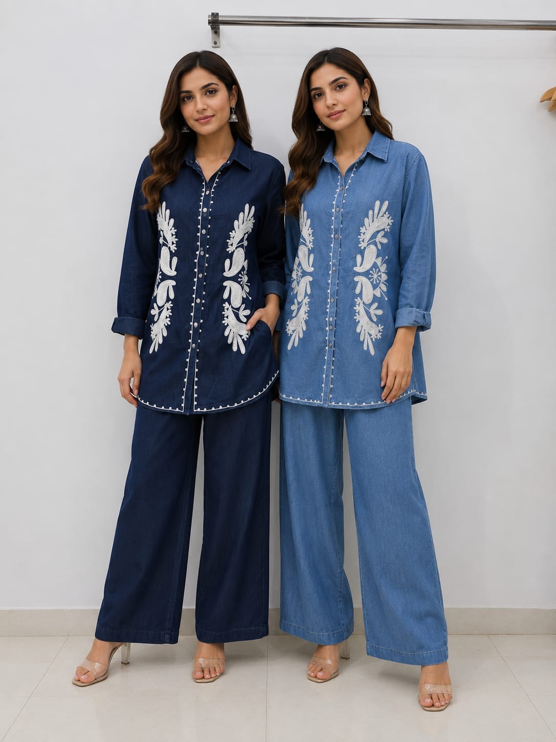 Floral embroidery denim co-ord set - dark navy and light blue models front view side by side