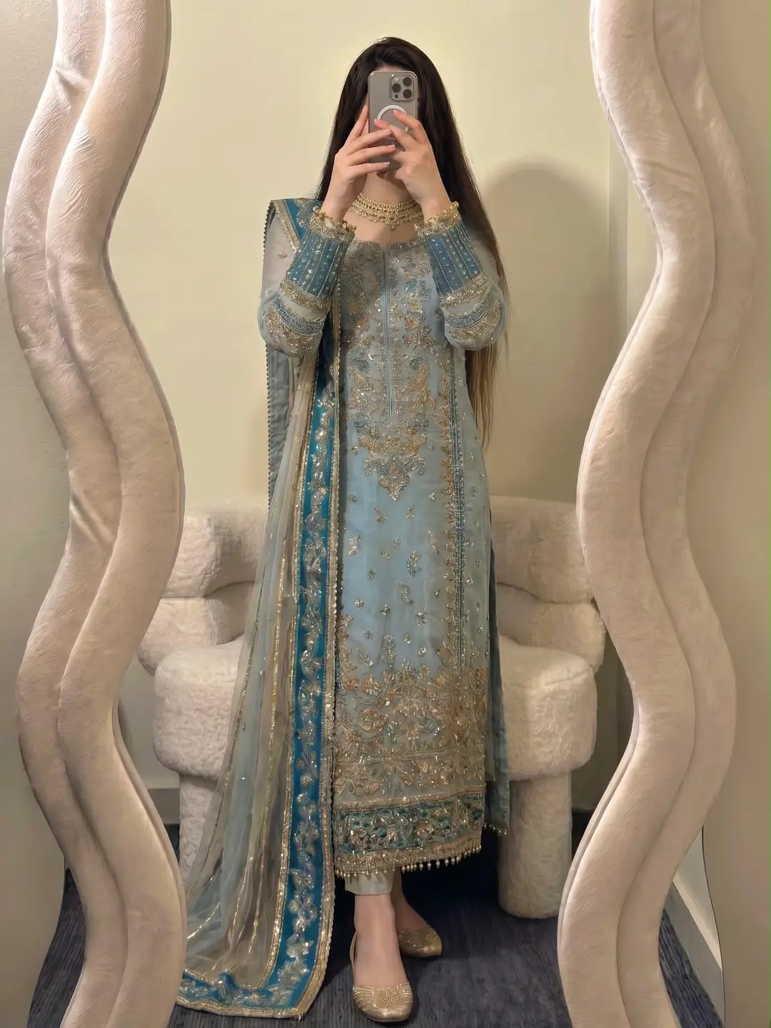 Teal Fox Georgette Suit - Model Standing Full Length with Dupatta