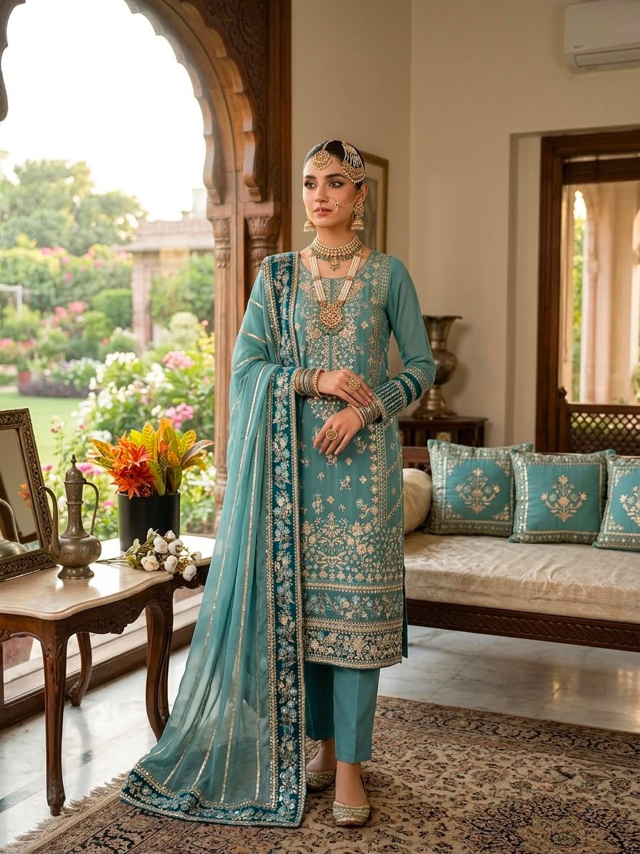 Teal Fox Georgette Suit - Flat Lay Kurti Front with Dupatta