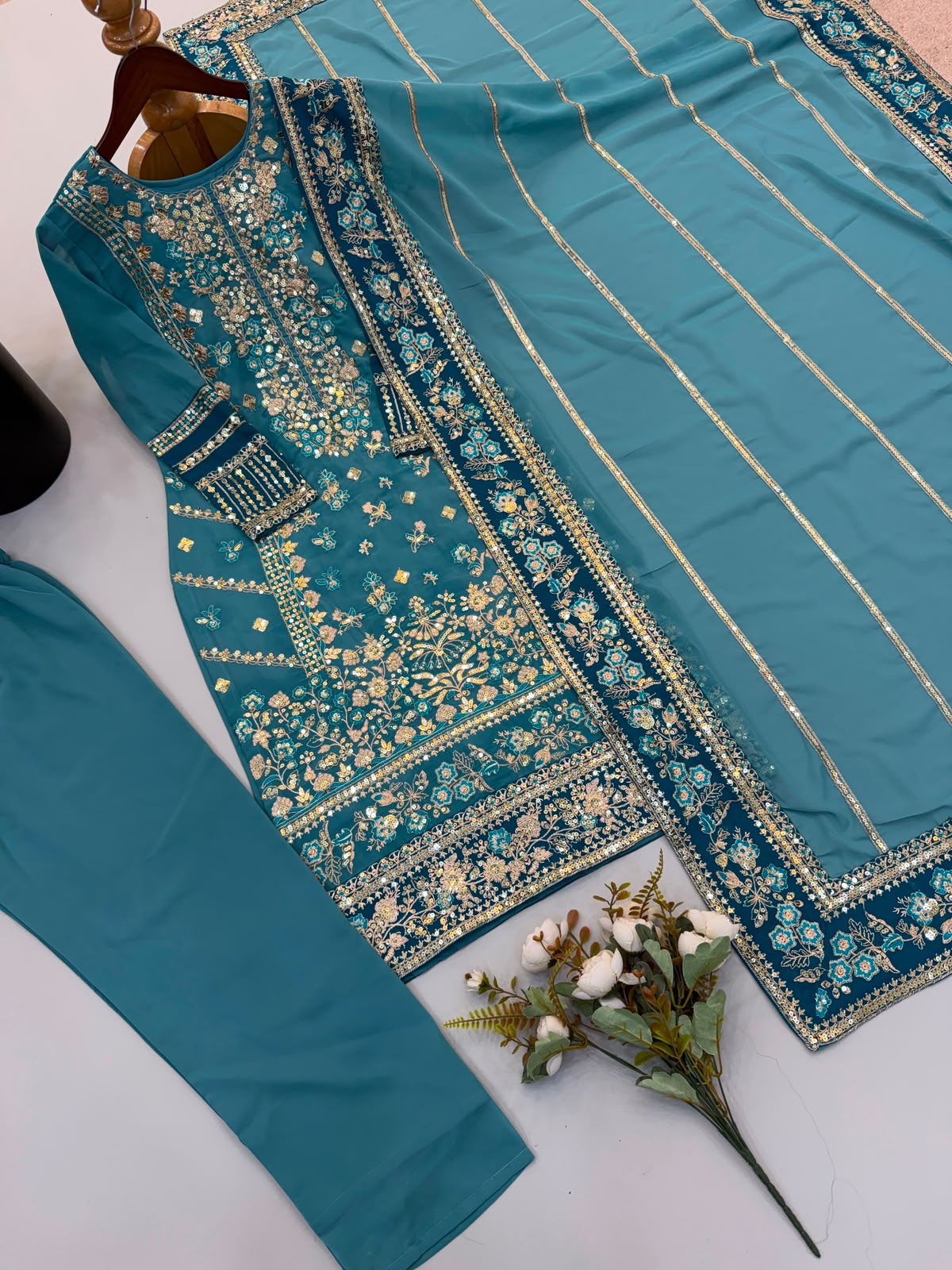 Teal Fox Georgette Suit - Neck Embroidery & Sequin Close Up