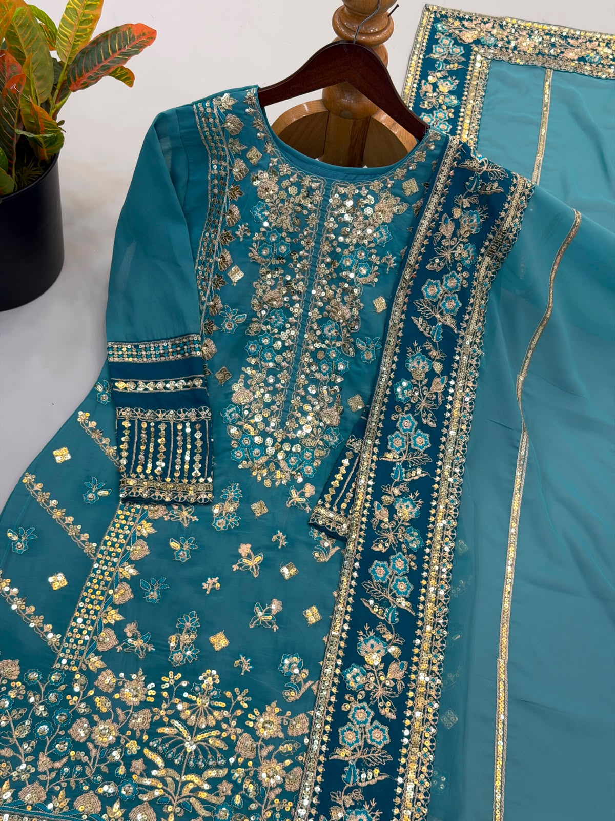 Teal Fox Georgette Suit - Sleeve & Cuff Embroidery Detail Close Up