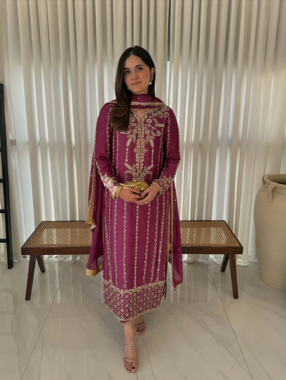Magenta Crepe Silk Suit - Model Front View with Dupatta