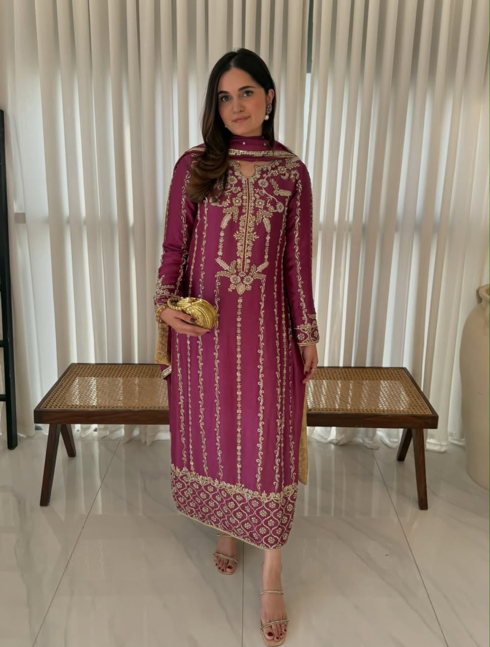 Magenta Crepe Silk Suit - Model Front View Holding Clutch