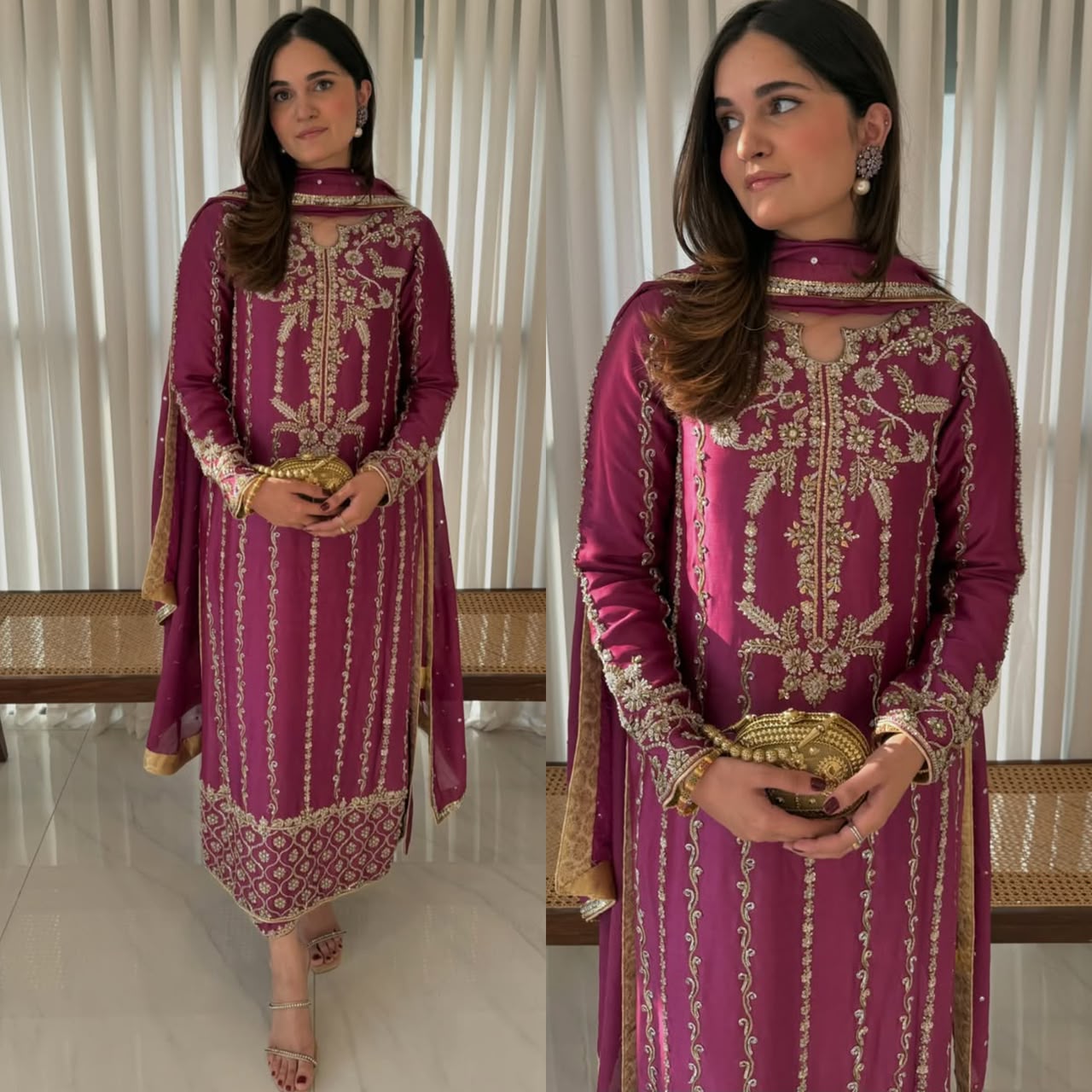 Magenta Crepe Silk Suit - Model Front and Neck Close Up Collage