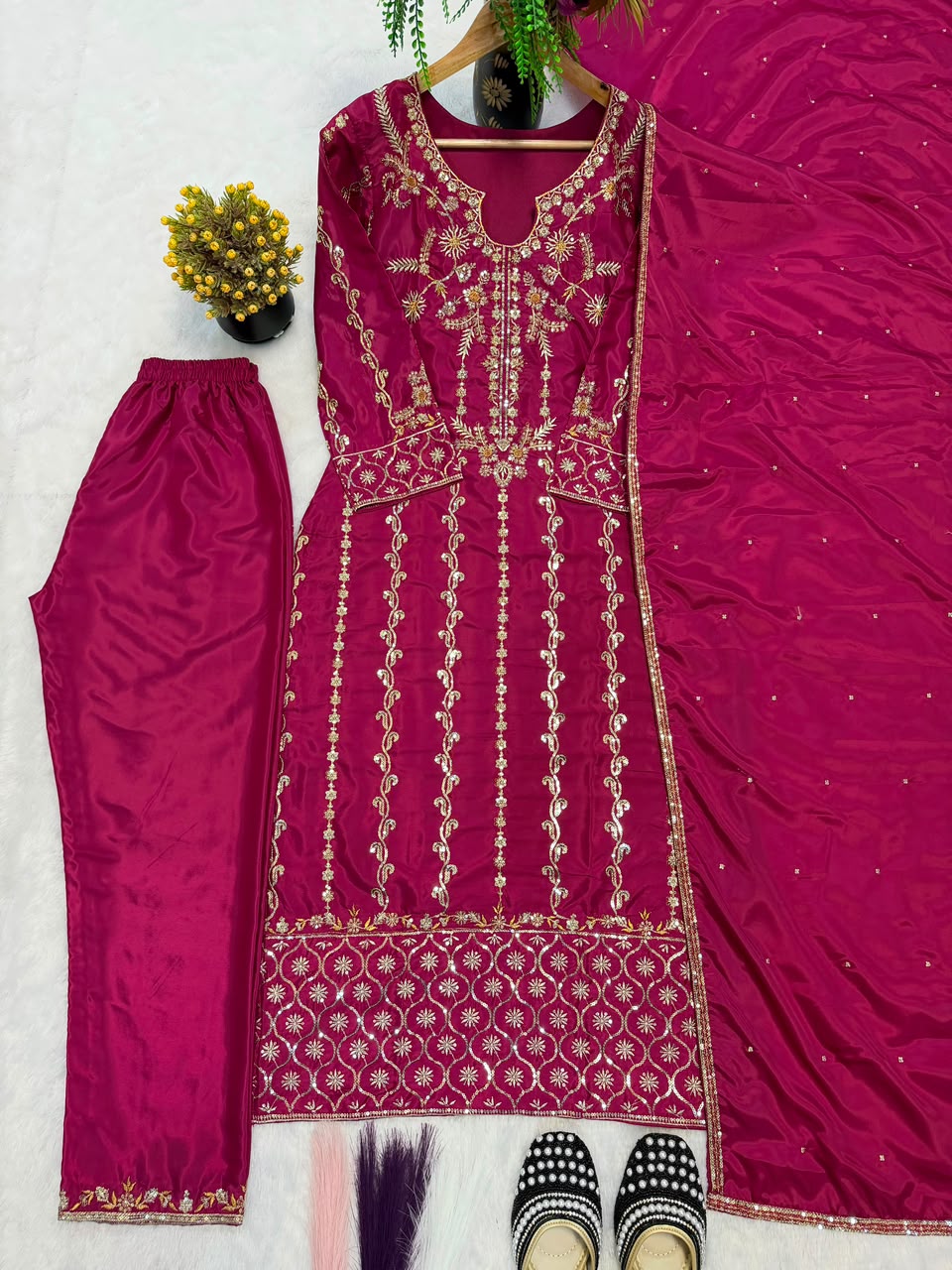 Magenta Crepe Silk Suit - Flat Lay Full Set with Pant and Dupatta