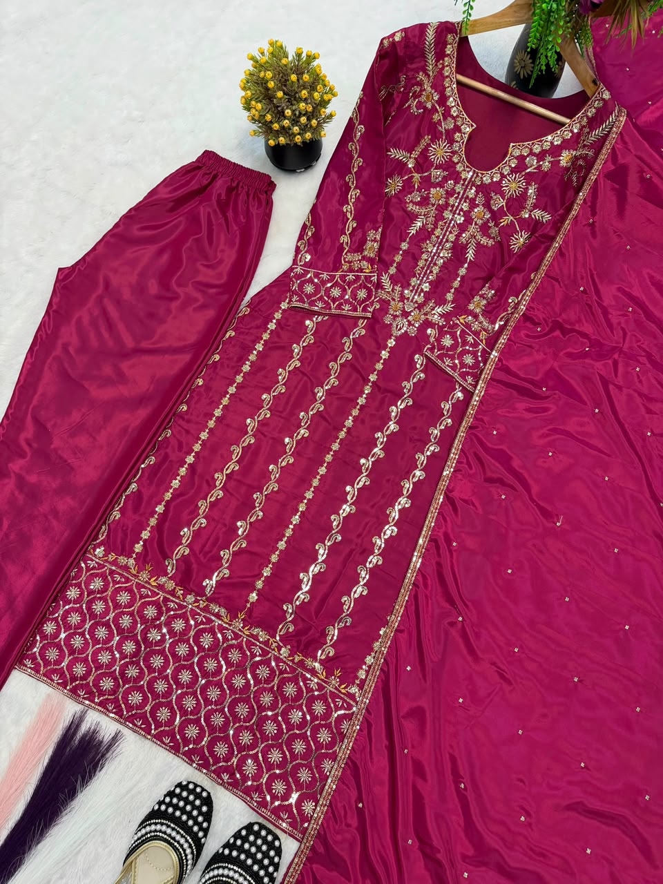 Magenta Crepe Silk Suit - Flat Lay Kurti Close Up with Pant and Dupatta
