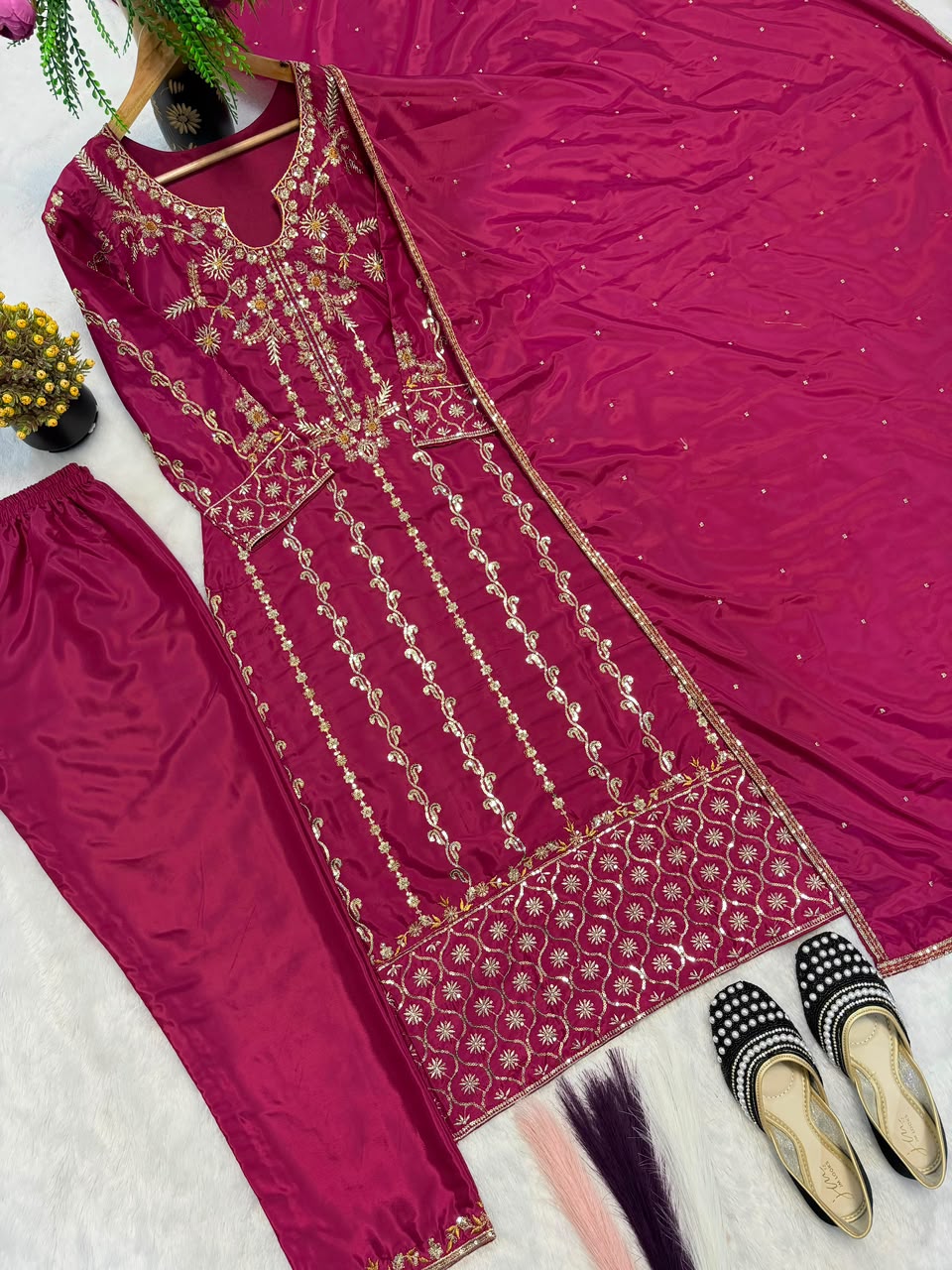 Magenta Crepe Silk Suit - Flat Lay Full Set Overhead View