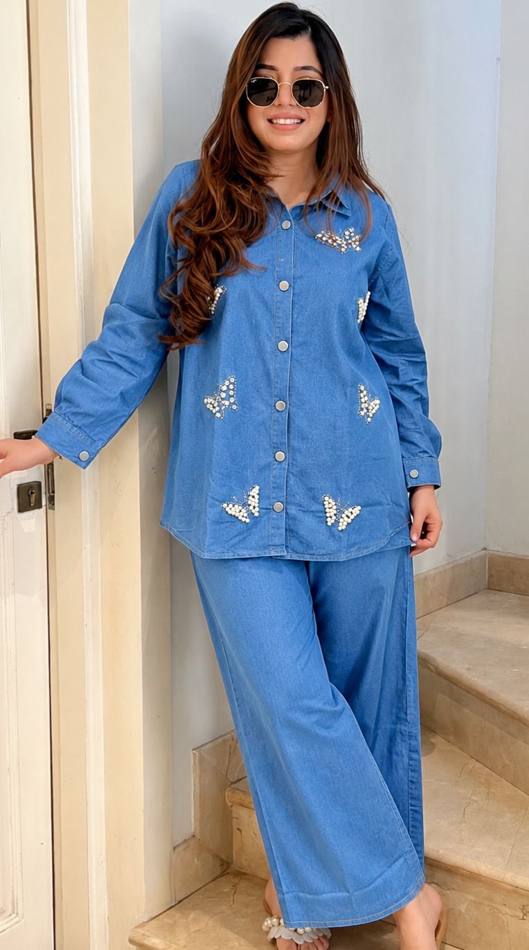 Butterfly Pearl Work Denim Coord Set - light blue model front