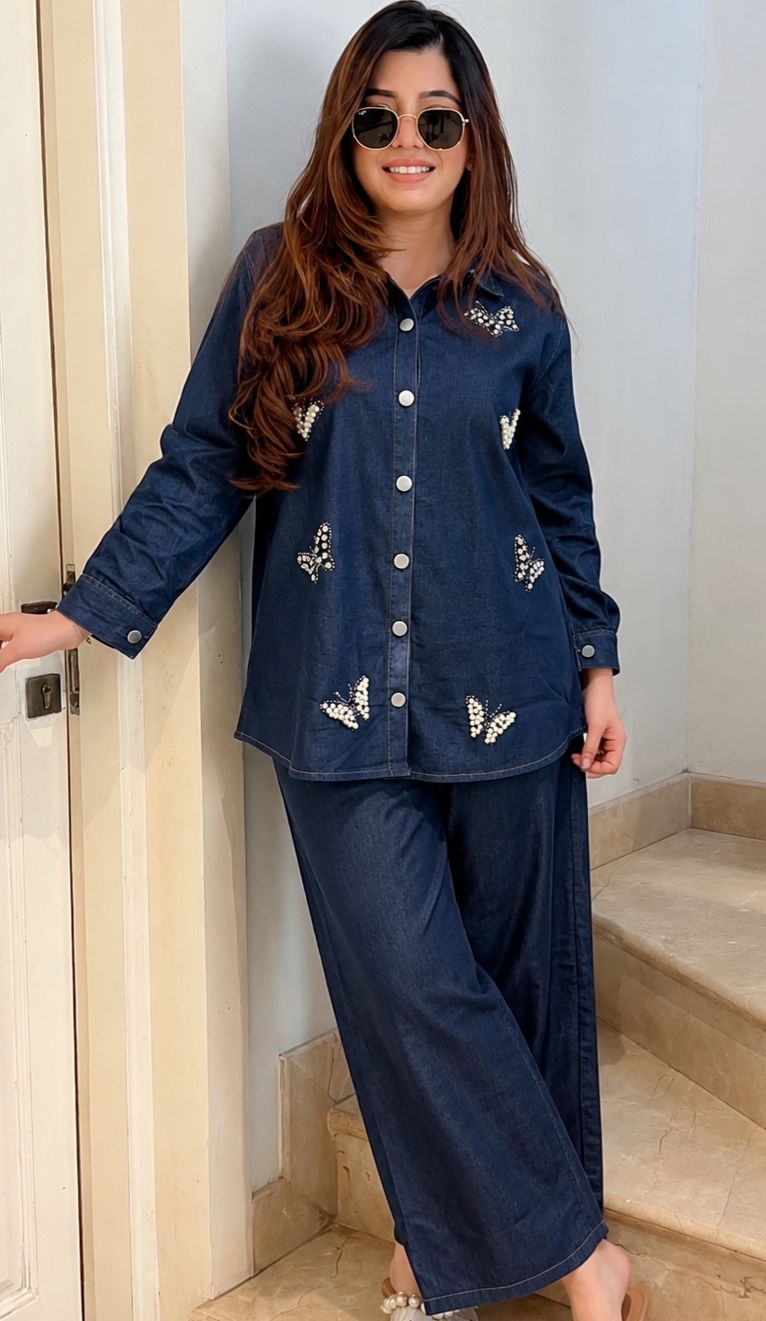 Butterfly Pearl Work Denim Coord Set - dark navy blue model front