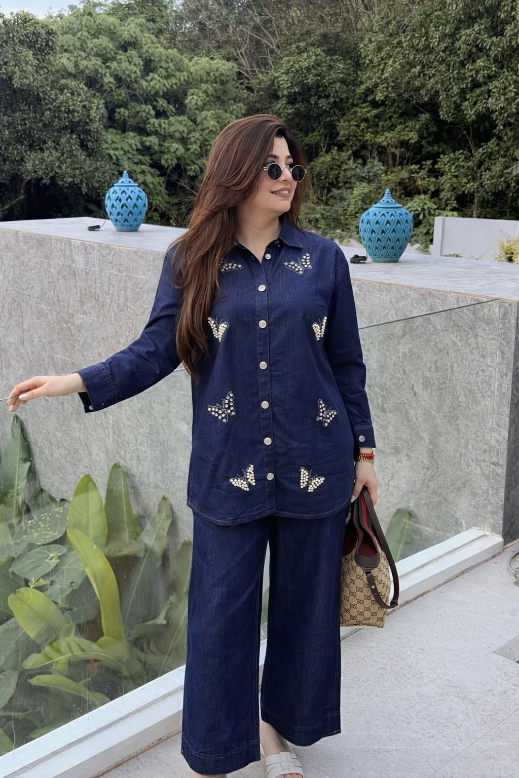 Butterfly Pearl Work Denim Coord Set - dark navy blue outdoor model