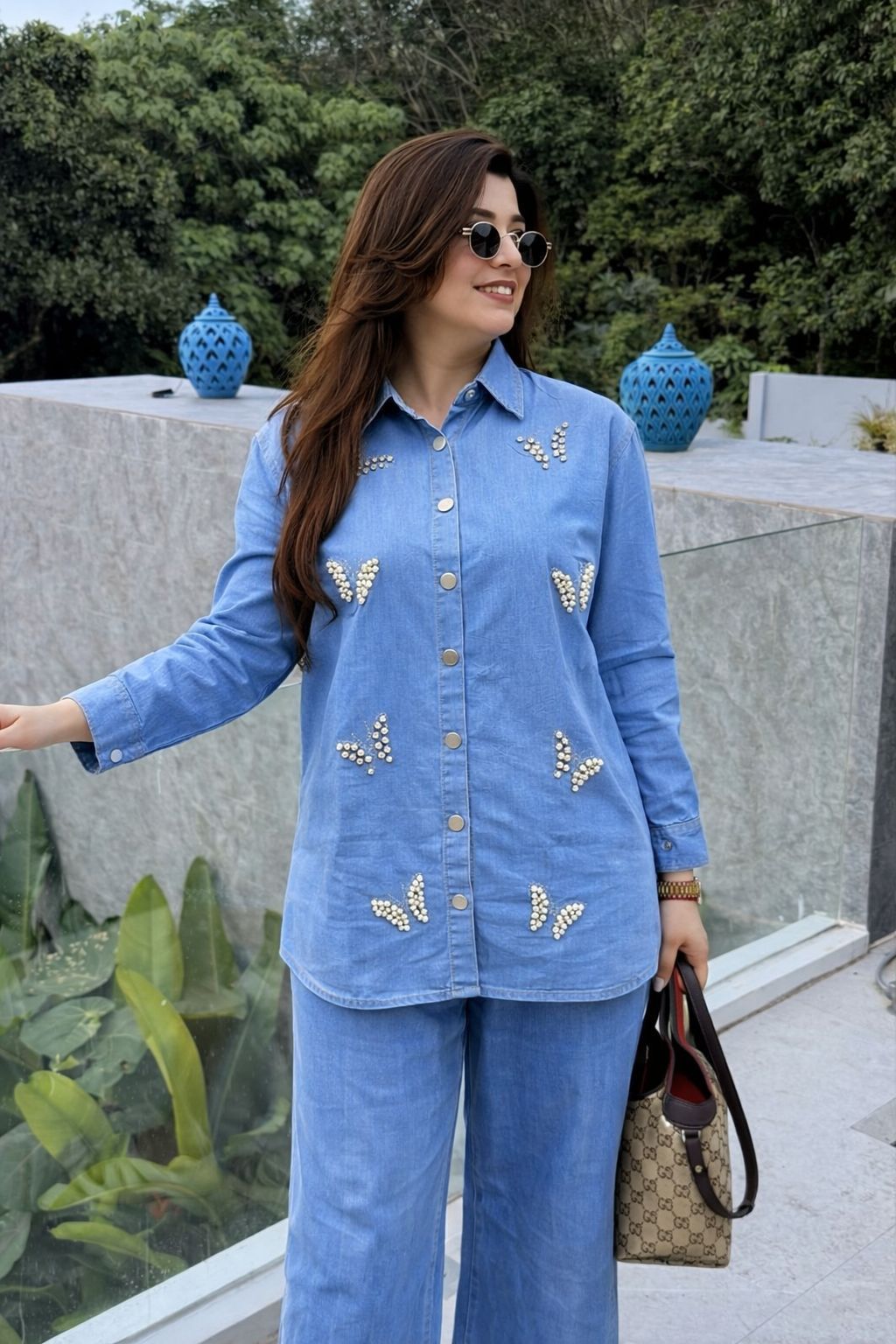 Butterfly Pearl Work Denim Coord Set - light blue outdoor model