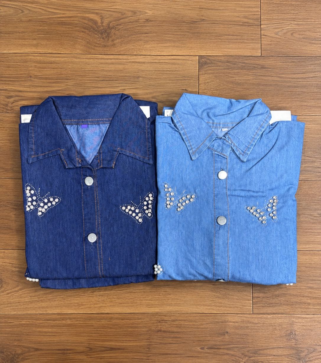 Butterfly Pearl Work Denim Coord Set - both colours flat lay