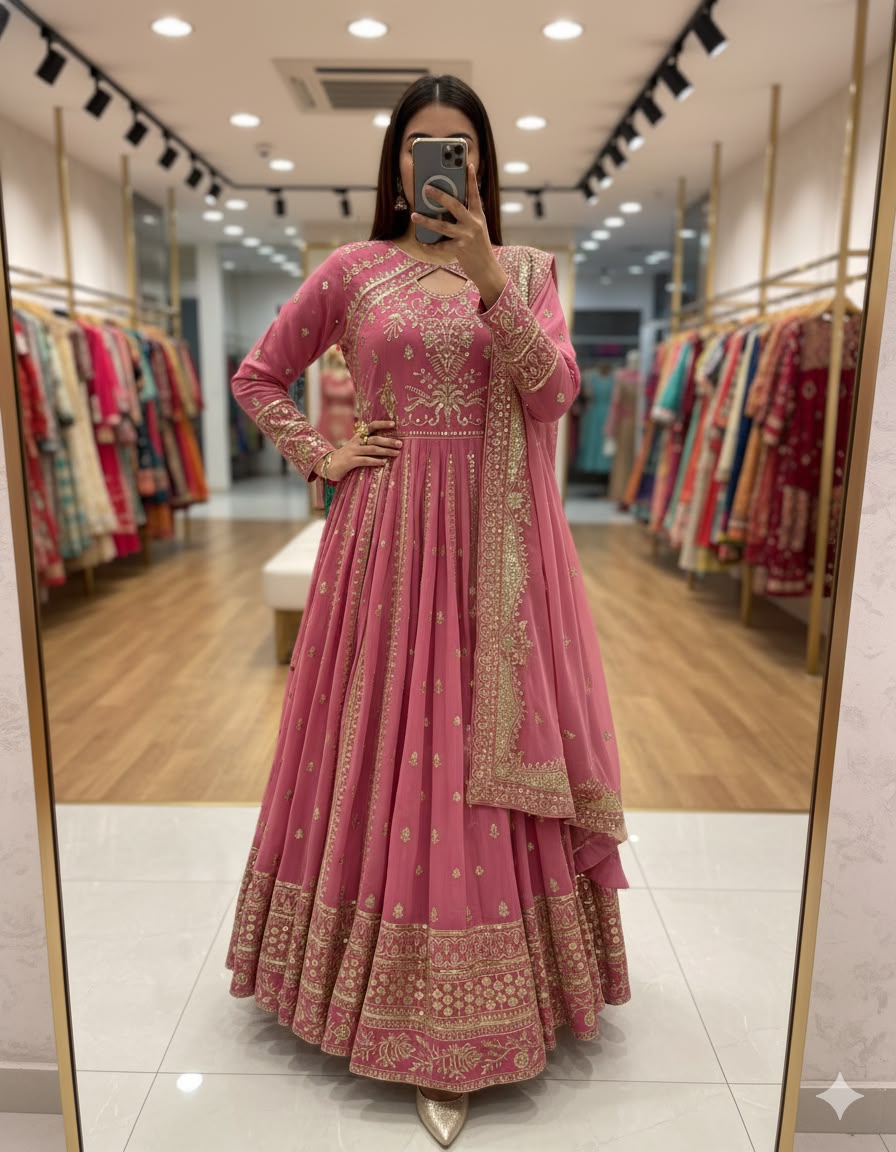 Teal Fox Georgette Gown - Model Mirror Selfie Full Length