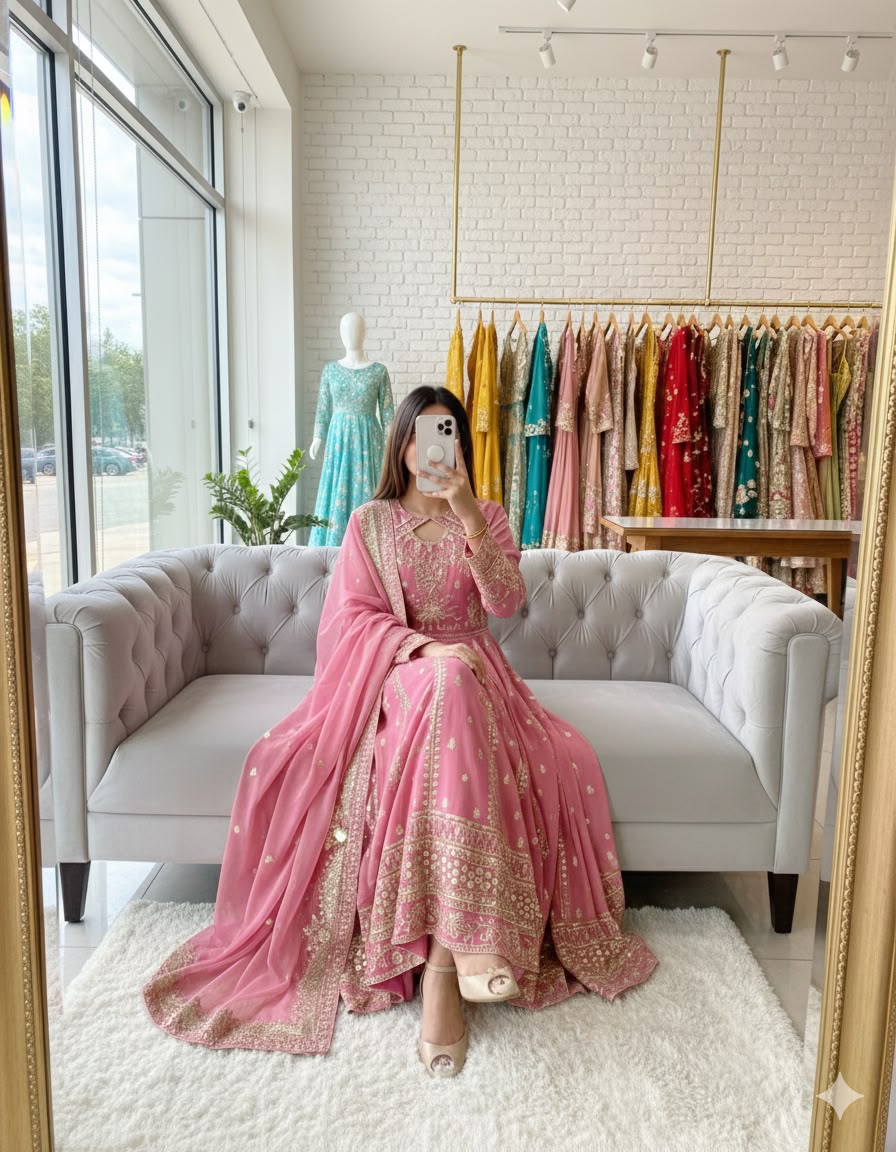 Rust Fox Georgette Gown - Model Seated Mirror Selfie