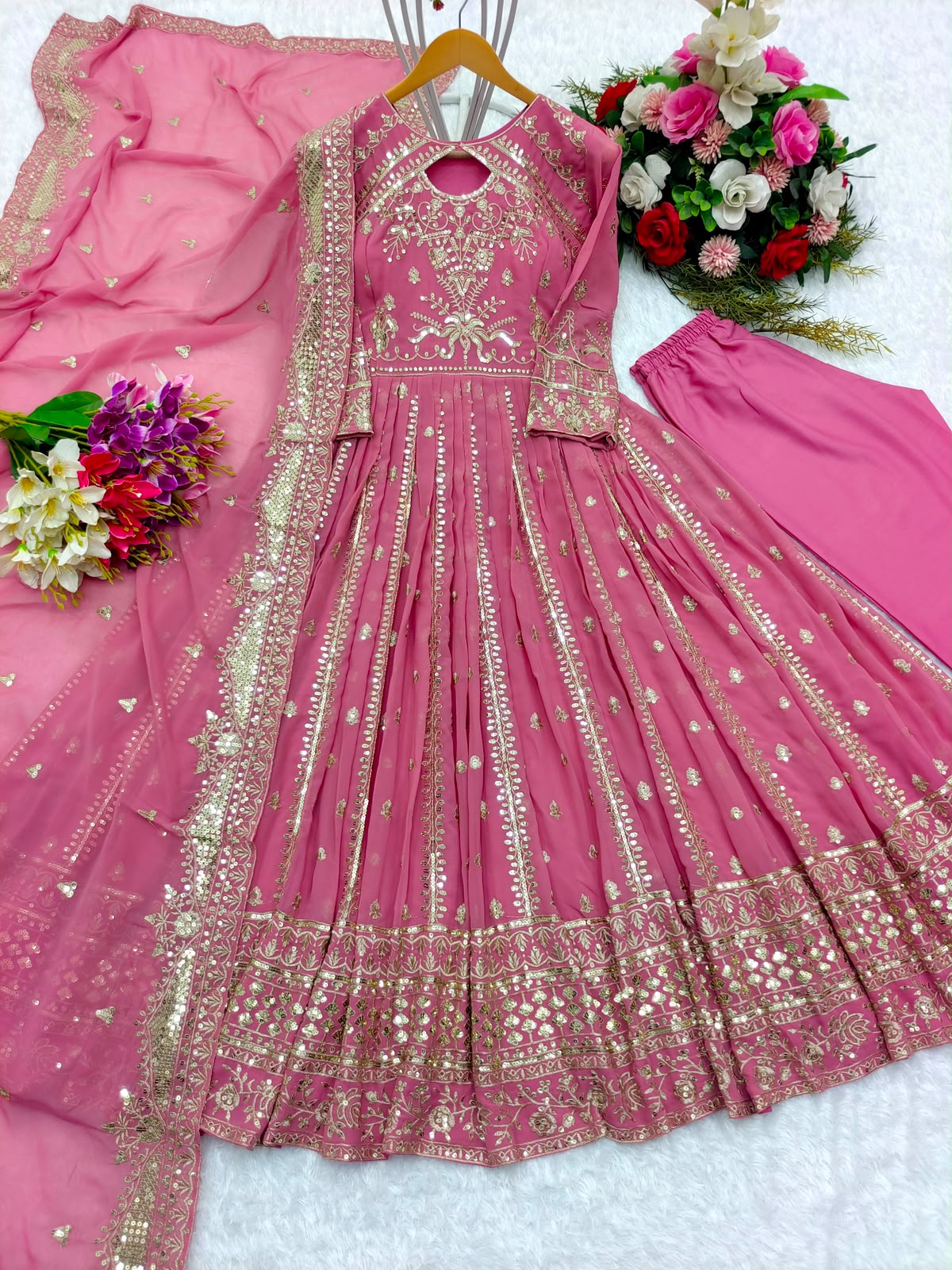 Teal Fox Georgette Gown - Flat Lay Full Set with Pant and Dupatta