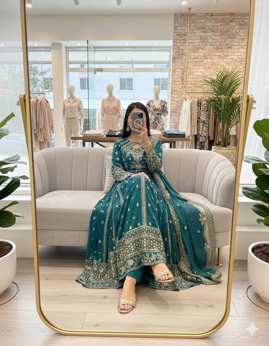 Deep Red Fox Georgette Gown - Model Mirror Selfie Full Length