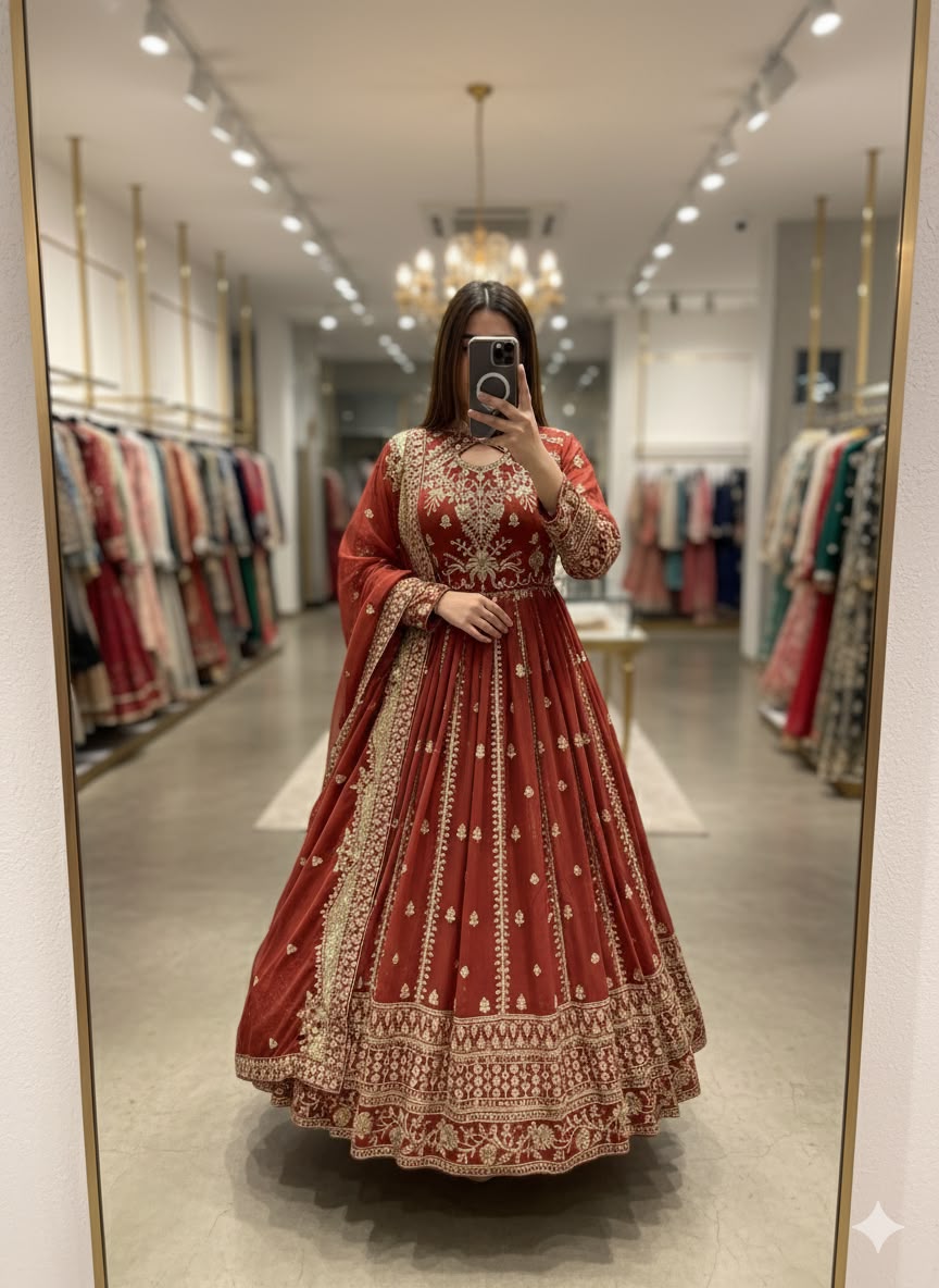 Deep Red Fox Georgette Gown - Model Standing Full Length