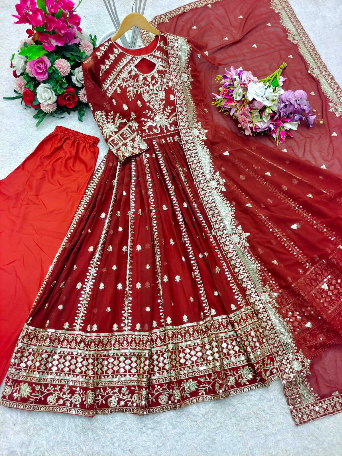 Rust Fox Georgette Gown - Flat Lay Full Set with Pant and Dupatta