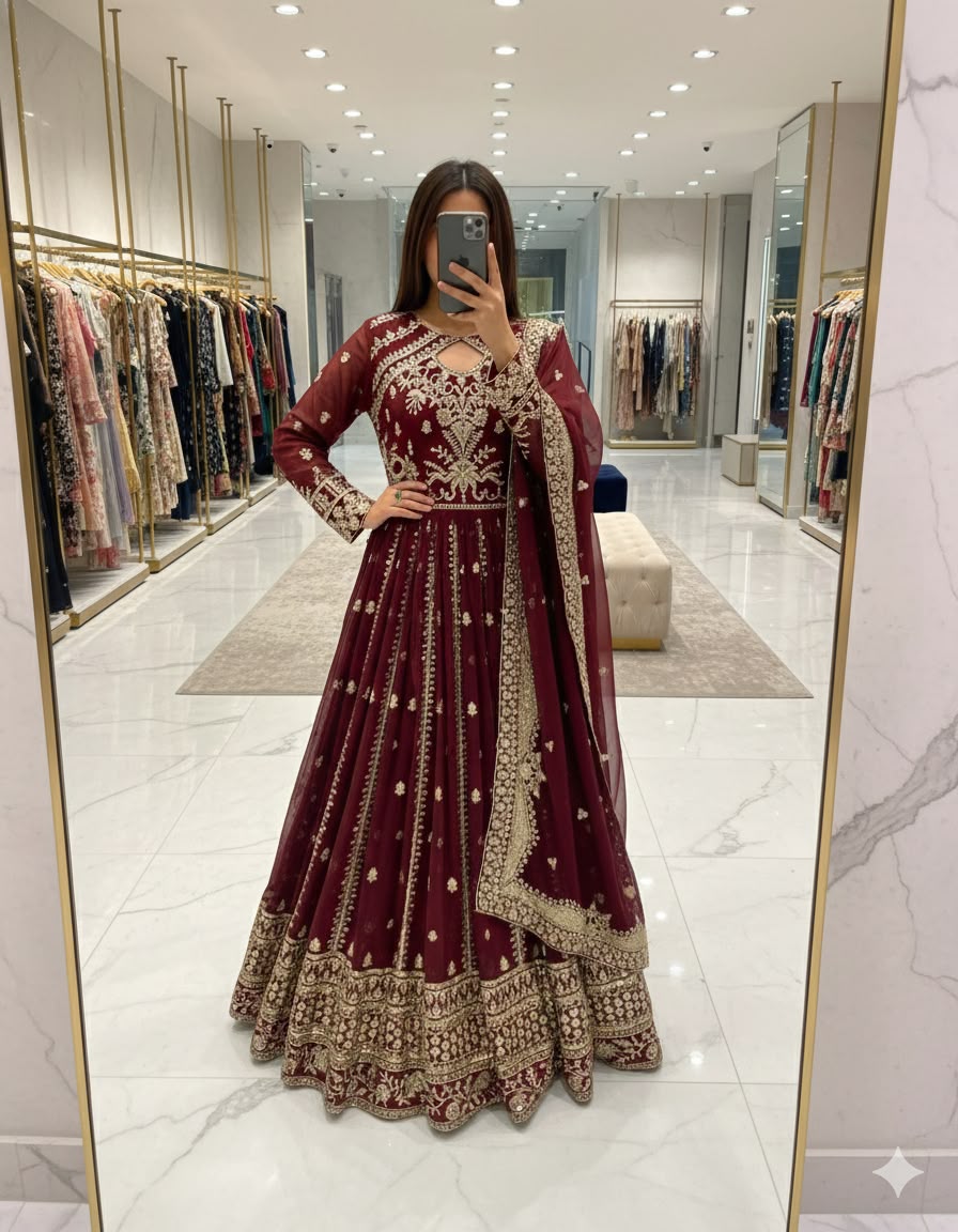 Heavy Fox Georgette 5mm Sequin Embroidery Gown with Pant & Dupatta - Fully Stitched