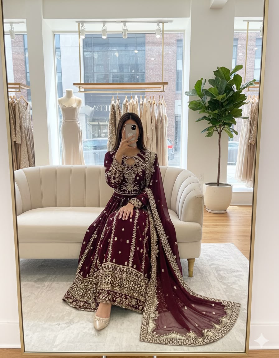 Wine Fox Georgette Gown - Flat Lay Full Set with Pant and Dupatta