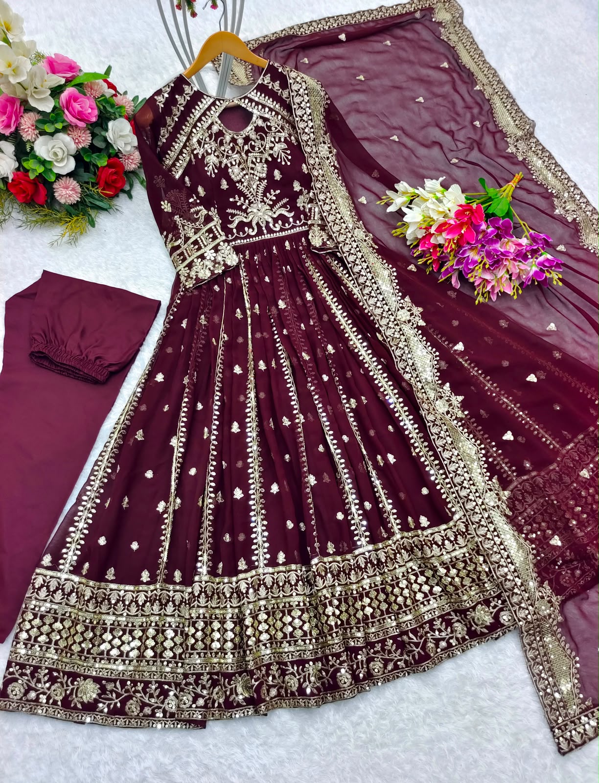 Heavy Fox Georgette 5mm Sequin Embroidery Gown with Pant & Dupatta - Fully Stitched