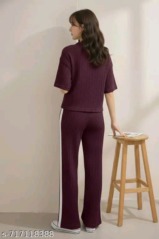 Women Stylish Top Bottom Set - maroon burgundy colourblock model seated