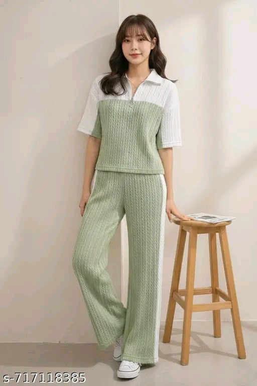 Women Stylish Top Bottom Set - mint green back view full length