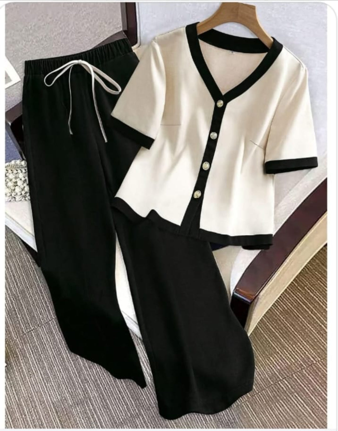 Korean Stylish Coord Set - cream black colourblock V-neck top and wide-leg pants flat lay