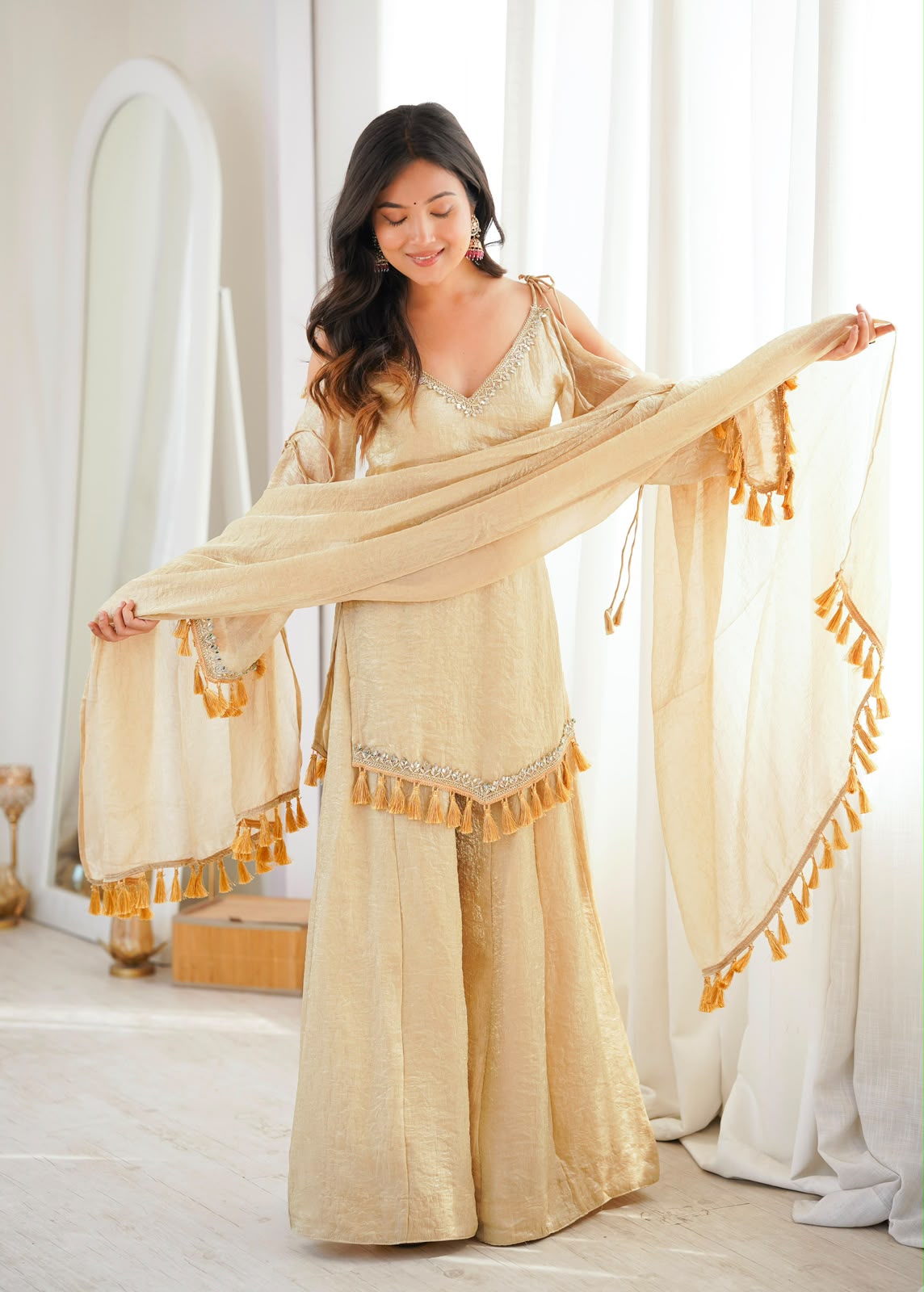 Champagne Doremon Crush Set - Model Front View with Dupatta