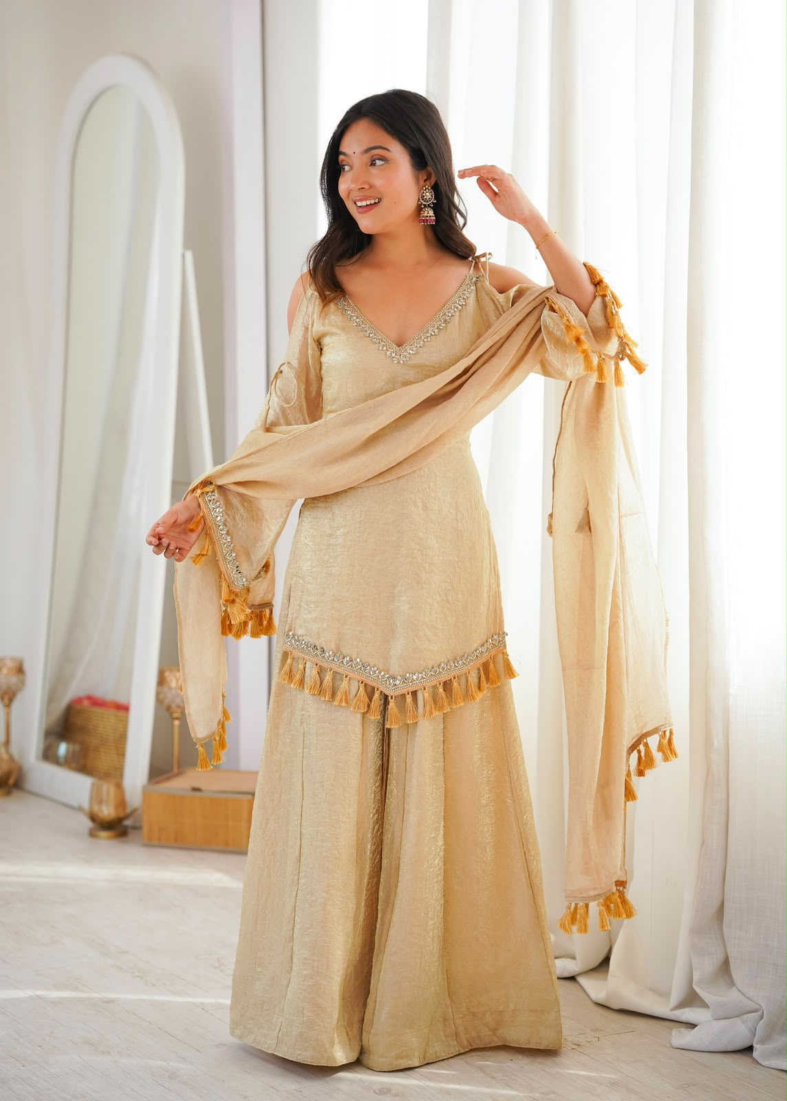 Champagne Doremon Crush Set - Model Side View Holding Dupatta