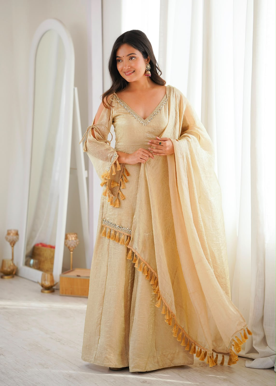Champagne Doremon Crush Set - Flat Lay Kurti with Palazzo and Dupatta Side