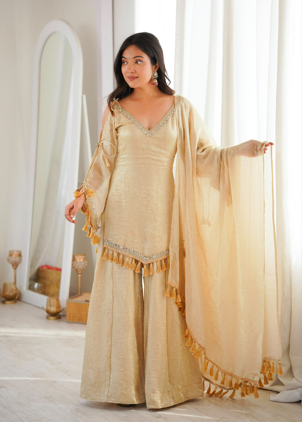 Champagne Doremon Crush Set - Flat Lay Kurti on Hanger with Palazzo and Dupatta
