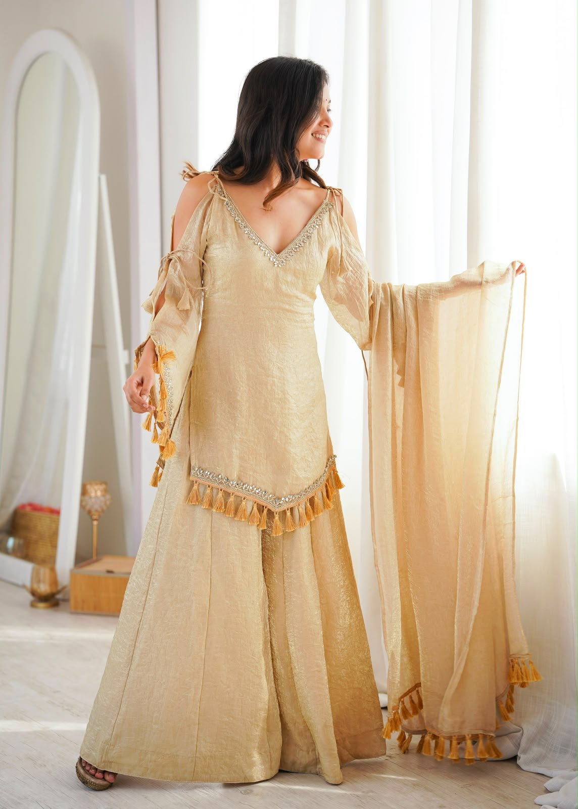 Champagne Doremon Crush Set - Flat Lay Back of Kurti with Tie Detail