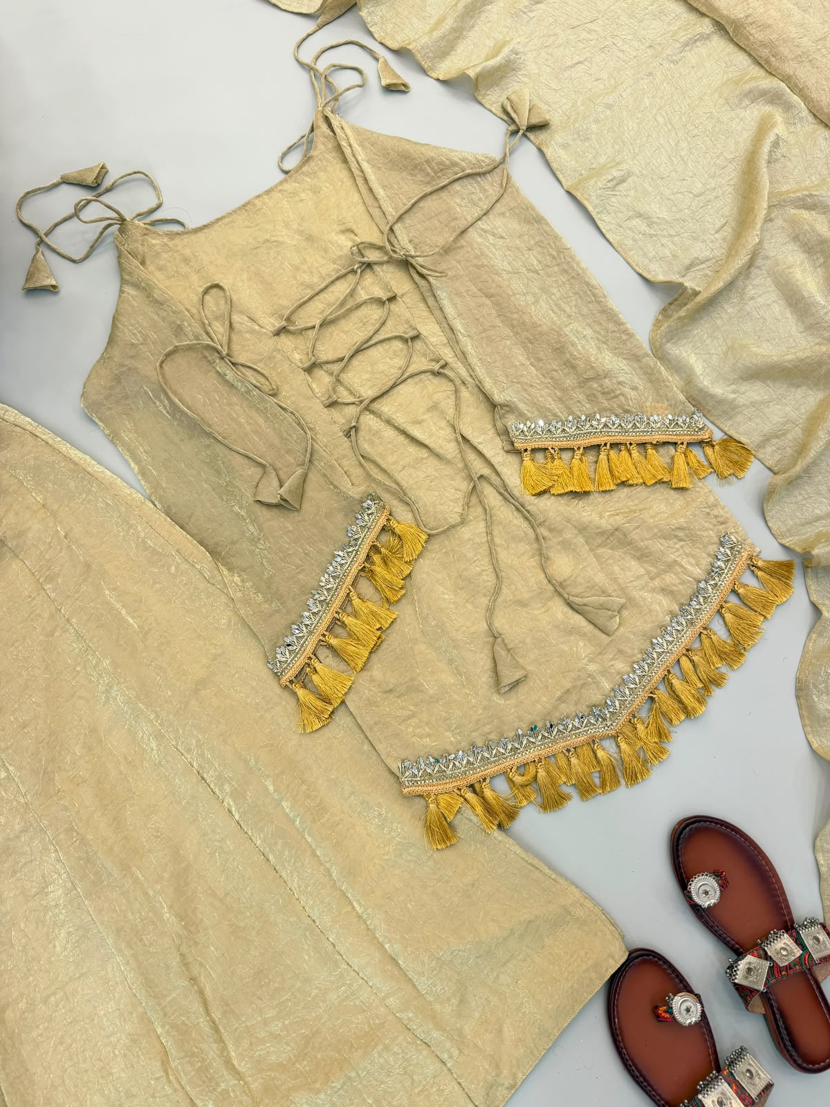 Champagne Doremon Crush Set - Full Flat Lay Overhead with Chappals