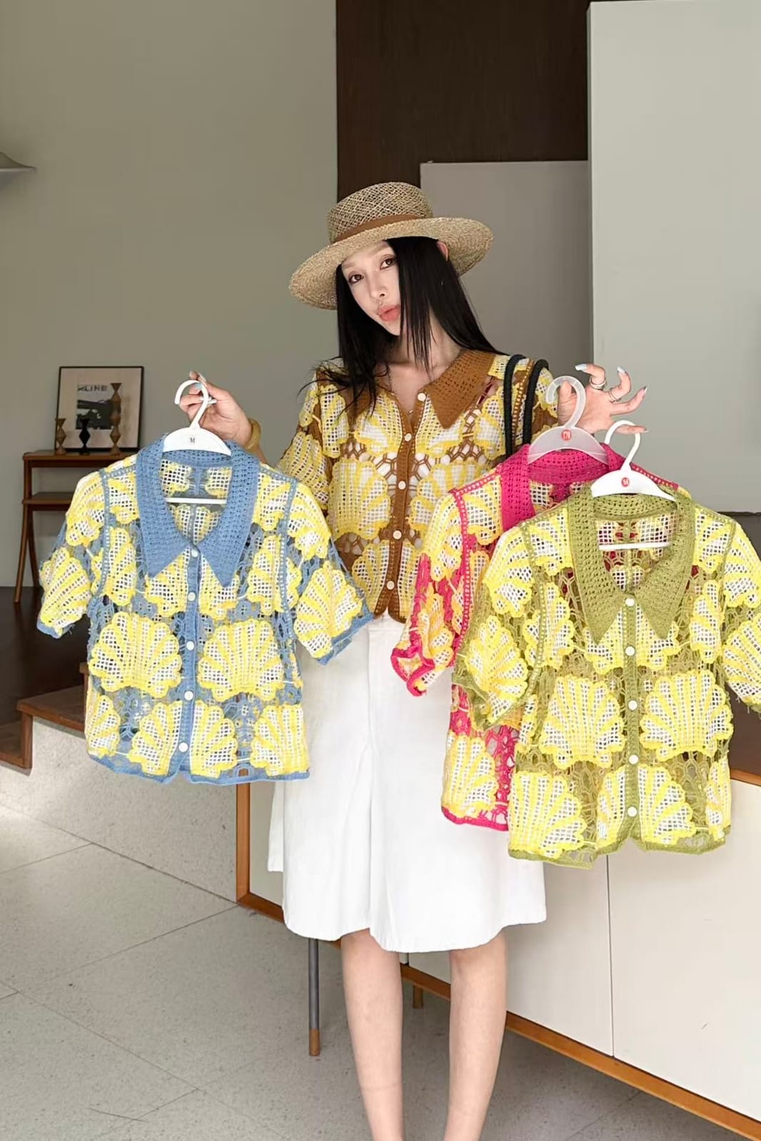 Beautiful Crochet Top - yellow floral crochet model holding blue pink olive variants